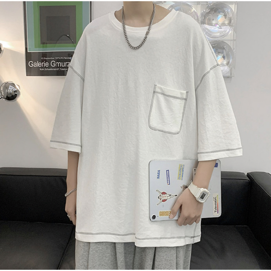 五分袖 ステッチデザイン Tシャツ ビッグシルエット ホワイトの通販 by