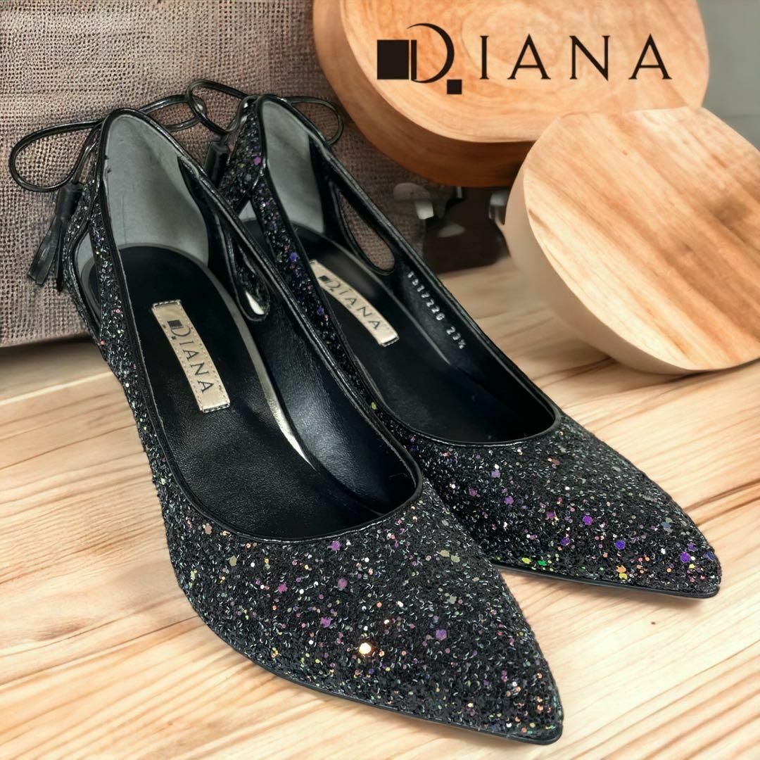 【未使用品】DIANA　ダイアナ24.5㎝　サテン　 グリッター　濃紺　パンプス