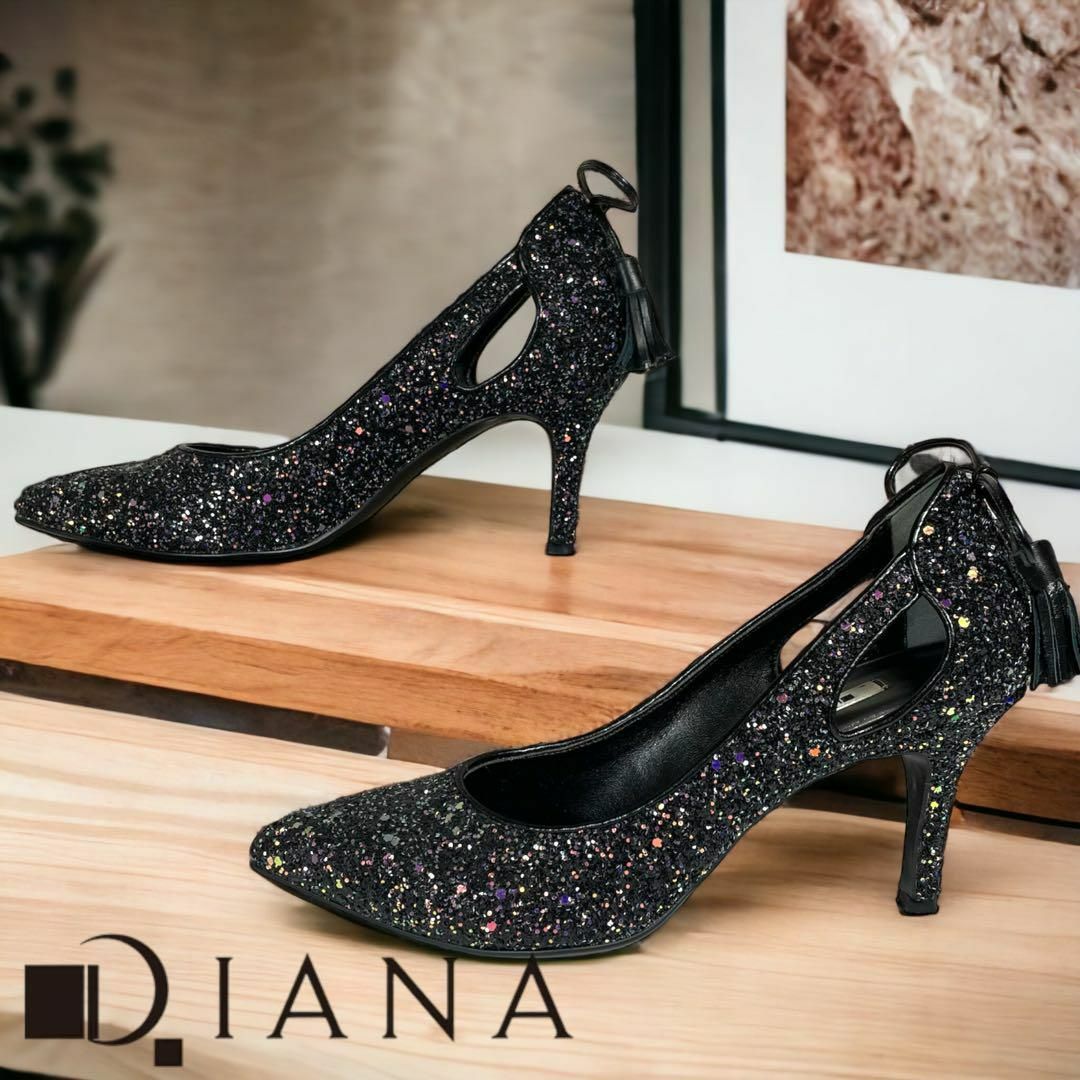 【未使用品】DIANA　ダイアナ24.5㎝　サテン　 グリッター　濃紺　パンプス