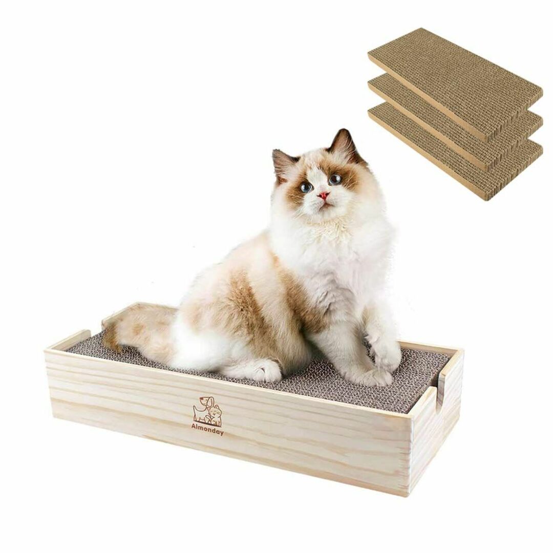 【色: 天然木の箱ｘ１；爪研ぎｘ３】Almonday猫 爪とぎ 天然木製 高密度