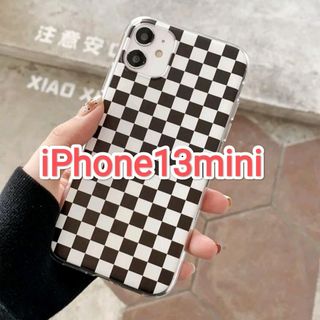 iPhone13mini　白×黒　市松文様　かわいい　iPhoneケース(その他)