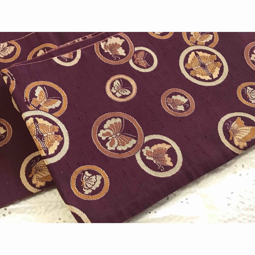 半幅帯　半巾帯　正絹　蝶　小豆　小袋帯　浴衣　紫