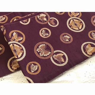 半幅帯　半巾帯　正絹　蝶　小豆　小袋帯　浴衣　紫(帯)
