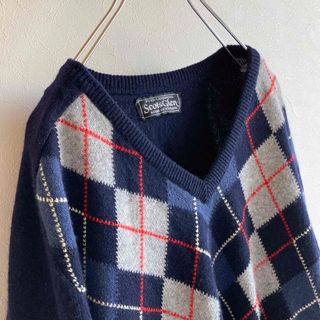 スコットランド製 ビンテージ カシミヤ アーガイル Vネック ニット