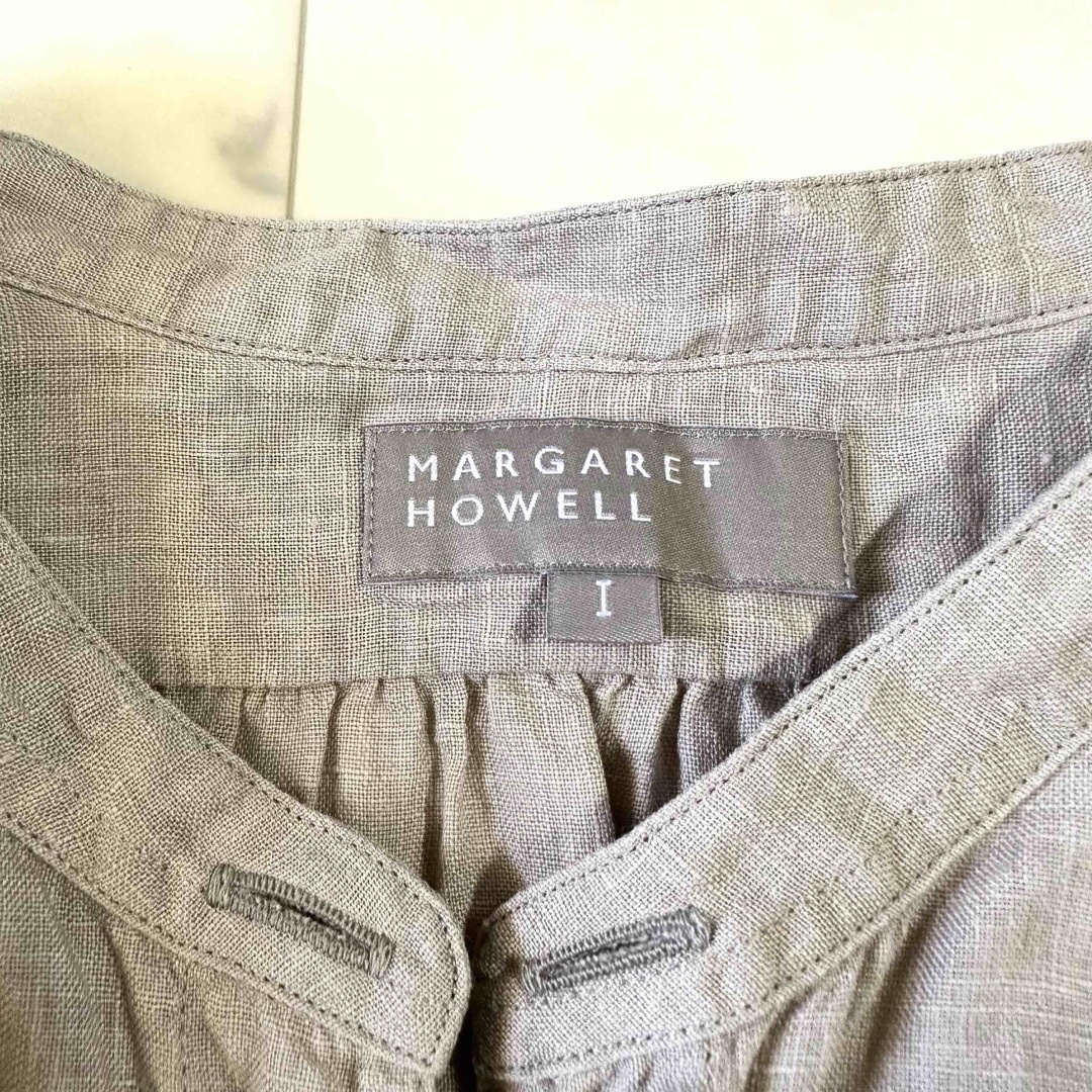 MARGARET HOWELL(マーガレットハウエル)の美品♪マーガレットハウエル リネンバンドカラーブラウス 日本製 ベージュ 麻 レディースのトップス(シャツ/ブラウス(長袖/七分))の商品写真