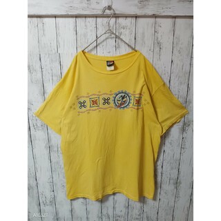 90sディズニー　ミッキー　Tシャツ イエロー　Lサイズ(Tシャツ/カットソー(半袖/袖なし))