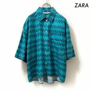 ザラ(ZARA)のZARA ザラ★ギザギザボーダー柄 半袖シャツ オーバーサイズ ブルー 青(シャツ/ブラウス(半袖/袖なし))