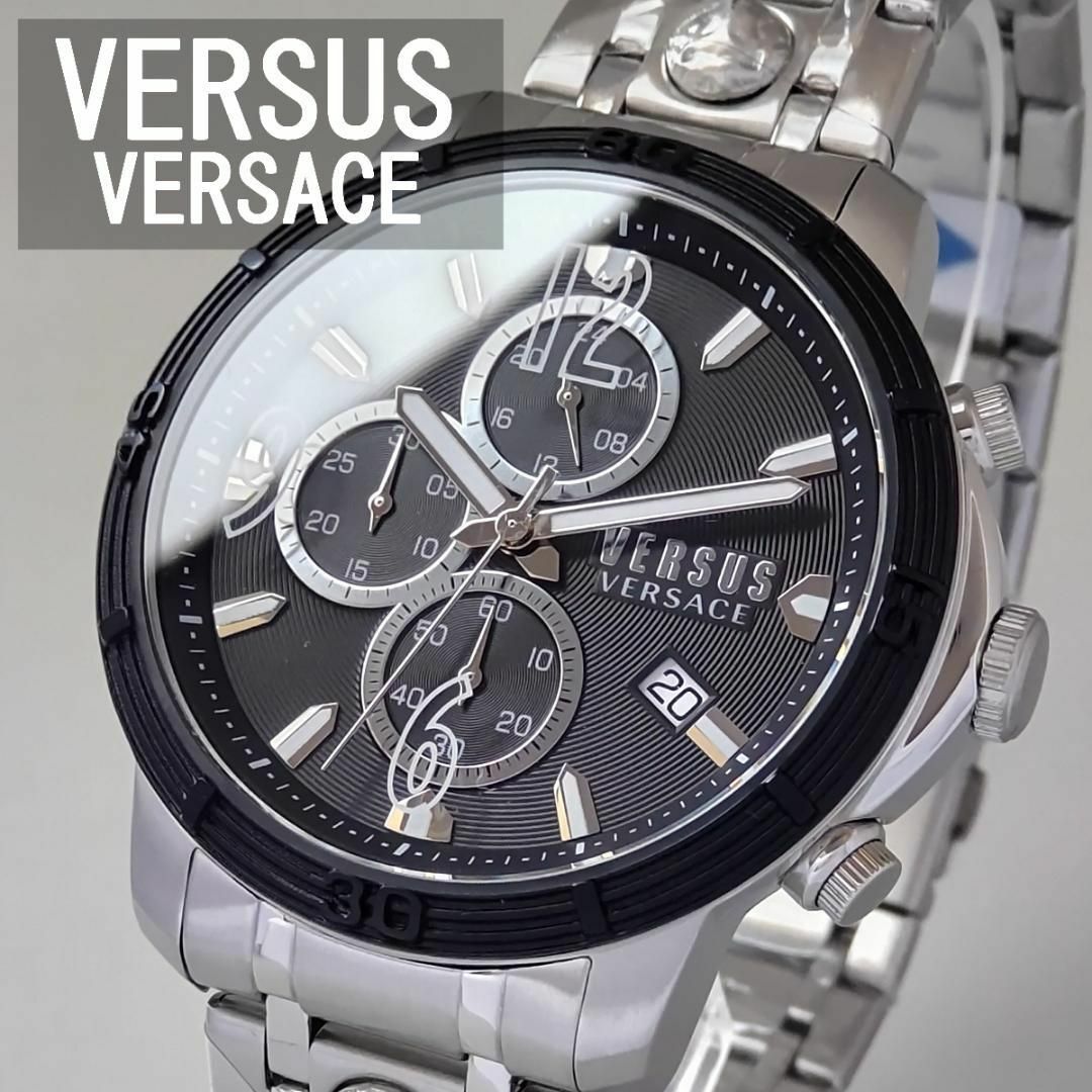 シルバーと黒【新品】ヴェルサス・ヴェルサーチ腕時計メンズ クロノグラフ クォーツ