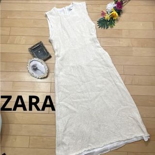 ザラ(ZARA)のZARA コットン素材　Vネック　フリンジ　　ノースリーブ　ロングワンピース　M(ロングワンピース/マキシワンピース)