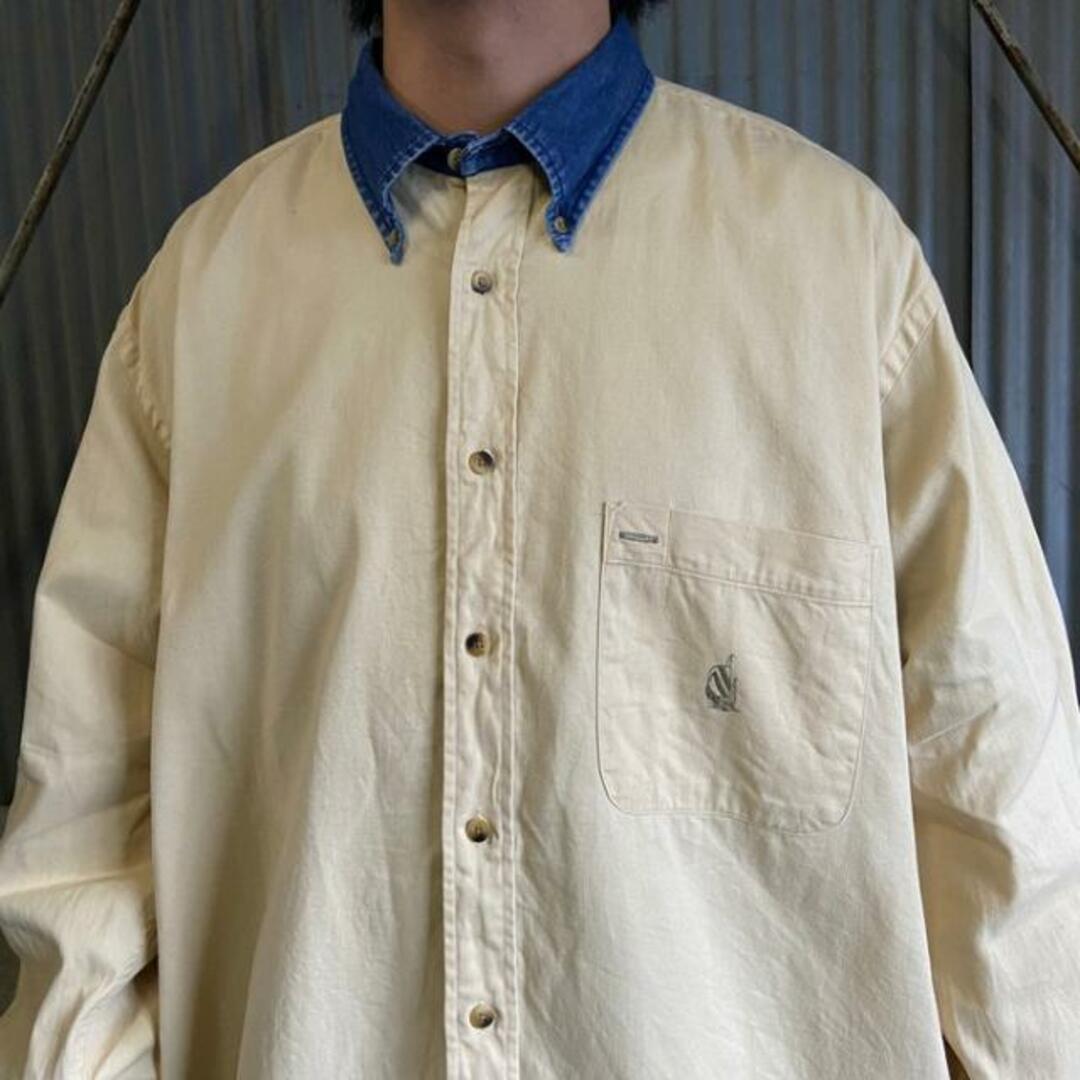 90年代 NAUTICA ノーティカ ワンポイントロゴ刺繍 デニム襟 コットンシャツ メンズXL