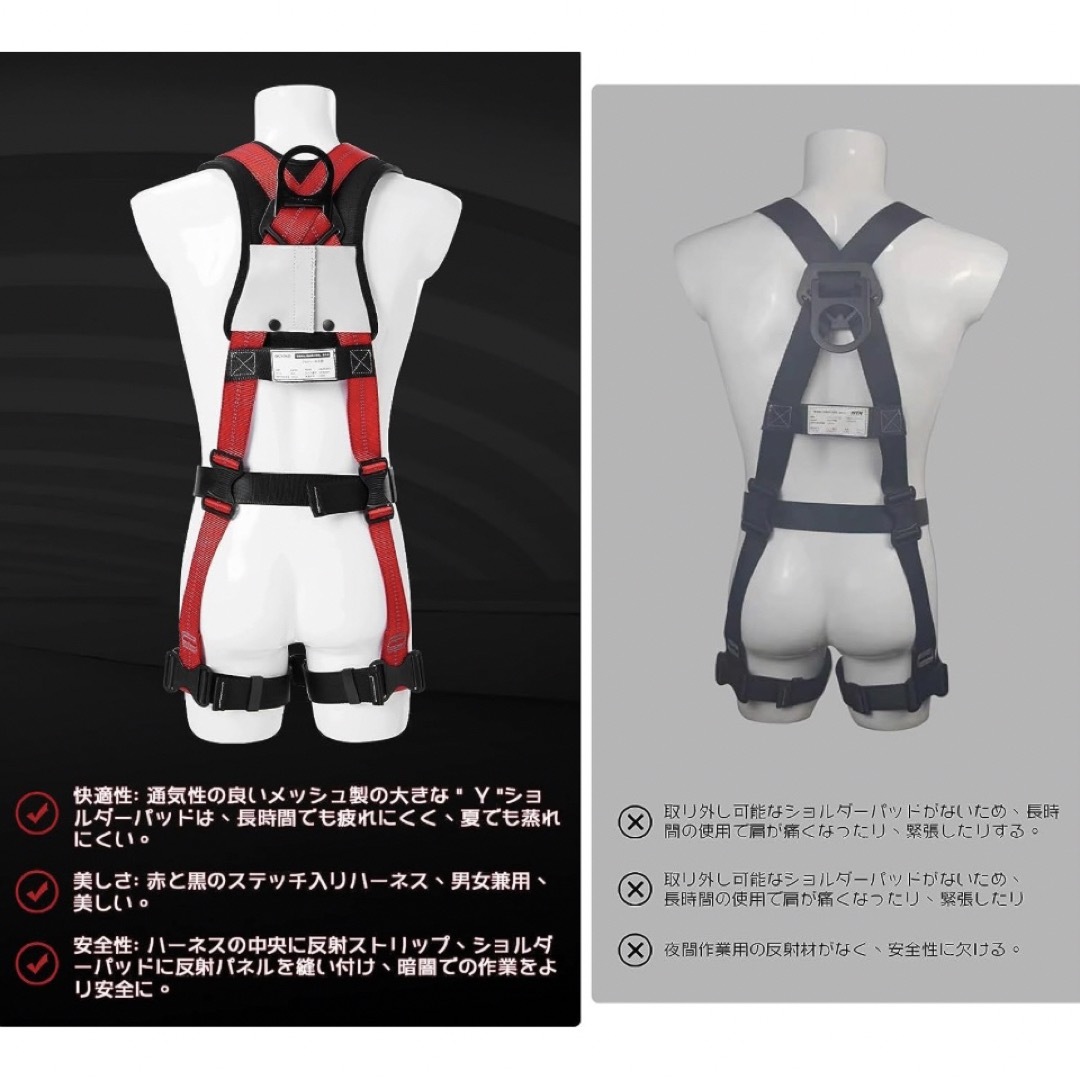 フルハーネス安全帯 新規格 セット 2丁掛け ワンタッチ式バックル 赤色