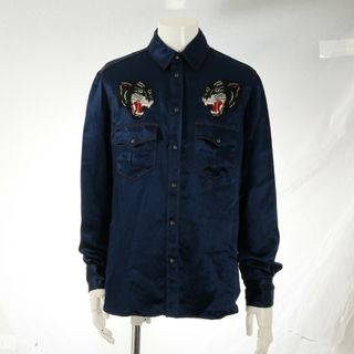 美品 グッチ ジャガー アニマル 刺繍 長袖 シャツ アパレル 服 46 Sサイズ ネイビー 人気 おしゃれ メンズ TET 0809-T1