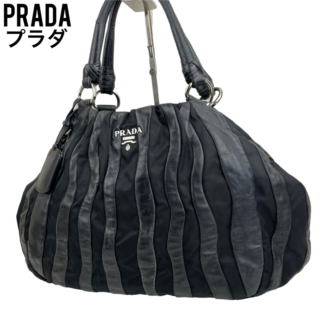 Whiteshop✨良品　PRADA プラダ　ハンドバッグ　ブラック　ナイロン　チェーン　手提げ