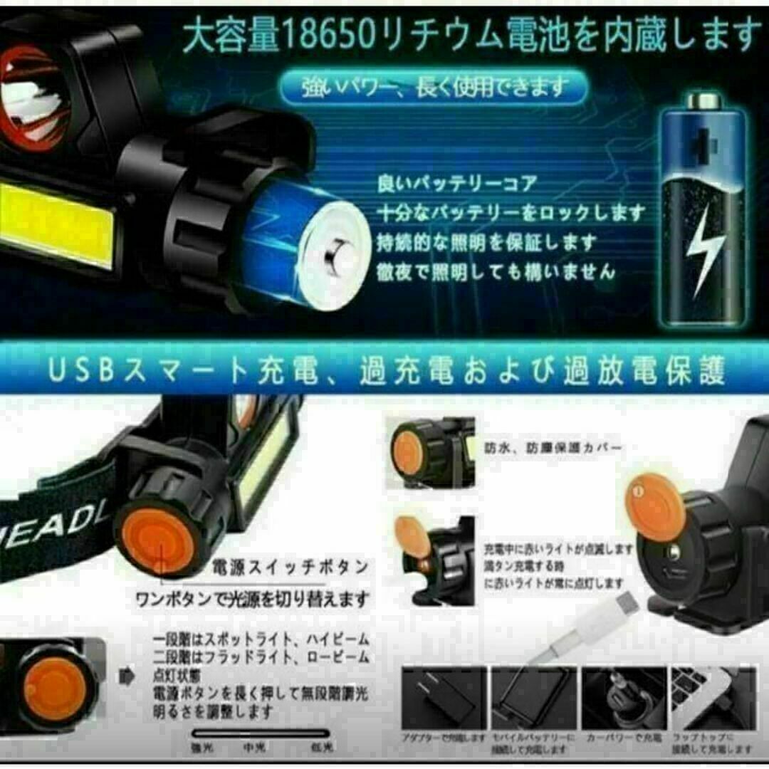 2個セット LEDヘッドライト USB充電式 90°回転 アウトドア　夜釣り スポーツ/アウトドアのアウトドア(ライト/ランタン)の商品写真