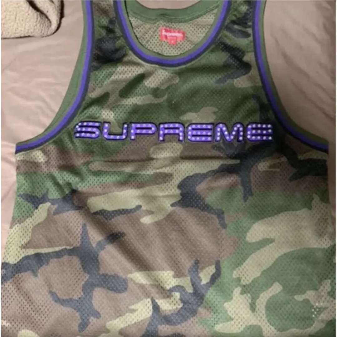 Supreme 2019SS Rhinestone Basketball Jersey Woodland Camo シュプリーム ラインストーンバスケットボールジャージー ウッドランドカモ メッシュタンクトップ ロゴパッチ ナンバリング 迷彩 カーキオリーブ サイズM【230621】【新古品】【me04】