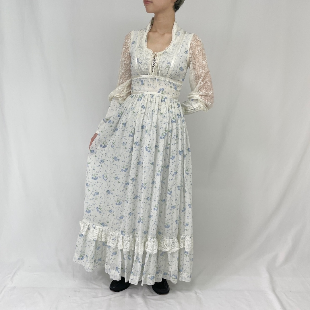 325cm袖丈70年代 ガンネサックス GUNNE SAX Jessica 花柄 マキシ丈 長袖 フレア ワンピース USA製 レディースM ヴィンテージ /evb002415