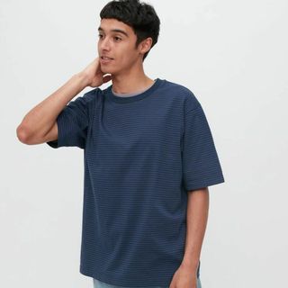 ユニクロ(UNIQLO)のオーバーサイズボーダーTシャツ（5分袖） uniqlo L　NAVY(Tシャツ/カットソー(半袖/袖なし))