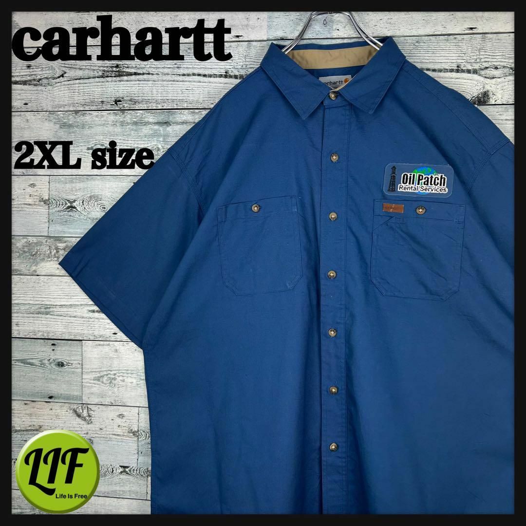 carhartt(カーハート)の【希少‼︎】カーハート 革ロゴタグ 刺繍企業ロゴ 半袖 ワークシャツ ネイビー メンズのトップス(シャツ)の商品写真