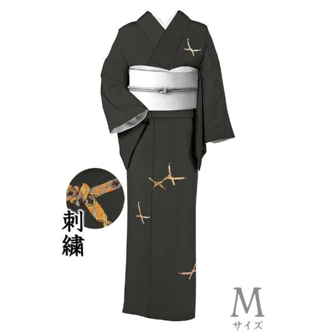 着物だいやす 240□付下げ□刺繍 羽織紐文 墨黒色 身長サイズ:M【正絹
