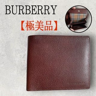 極美品 BURBERRY バーバリー シボ革 ノバチェック 二つ折り財布 茶-