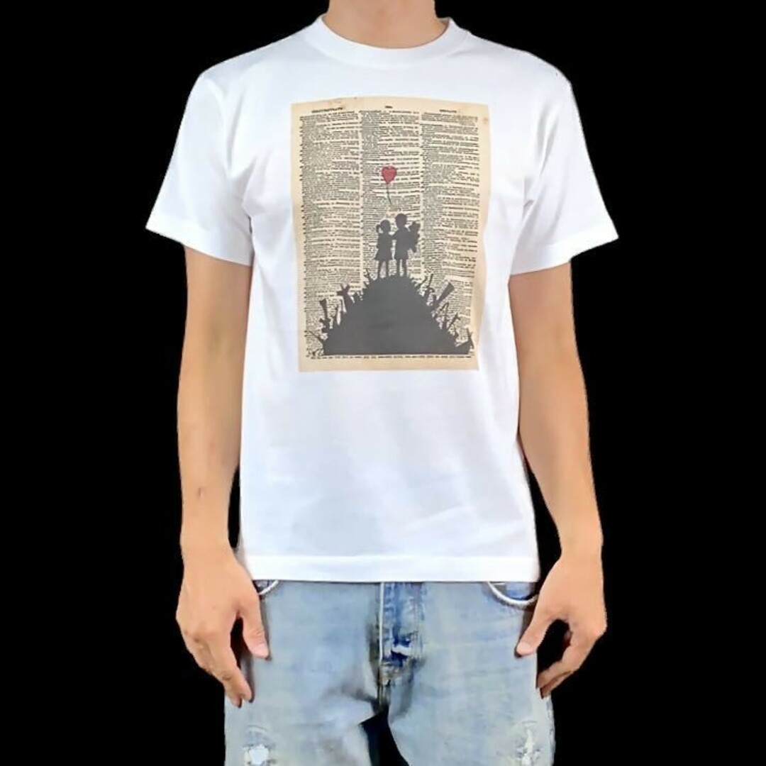 新品 BANKSY バンクシー 少年と少女 風船 バルーン 辞書ページ Tシャツ