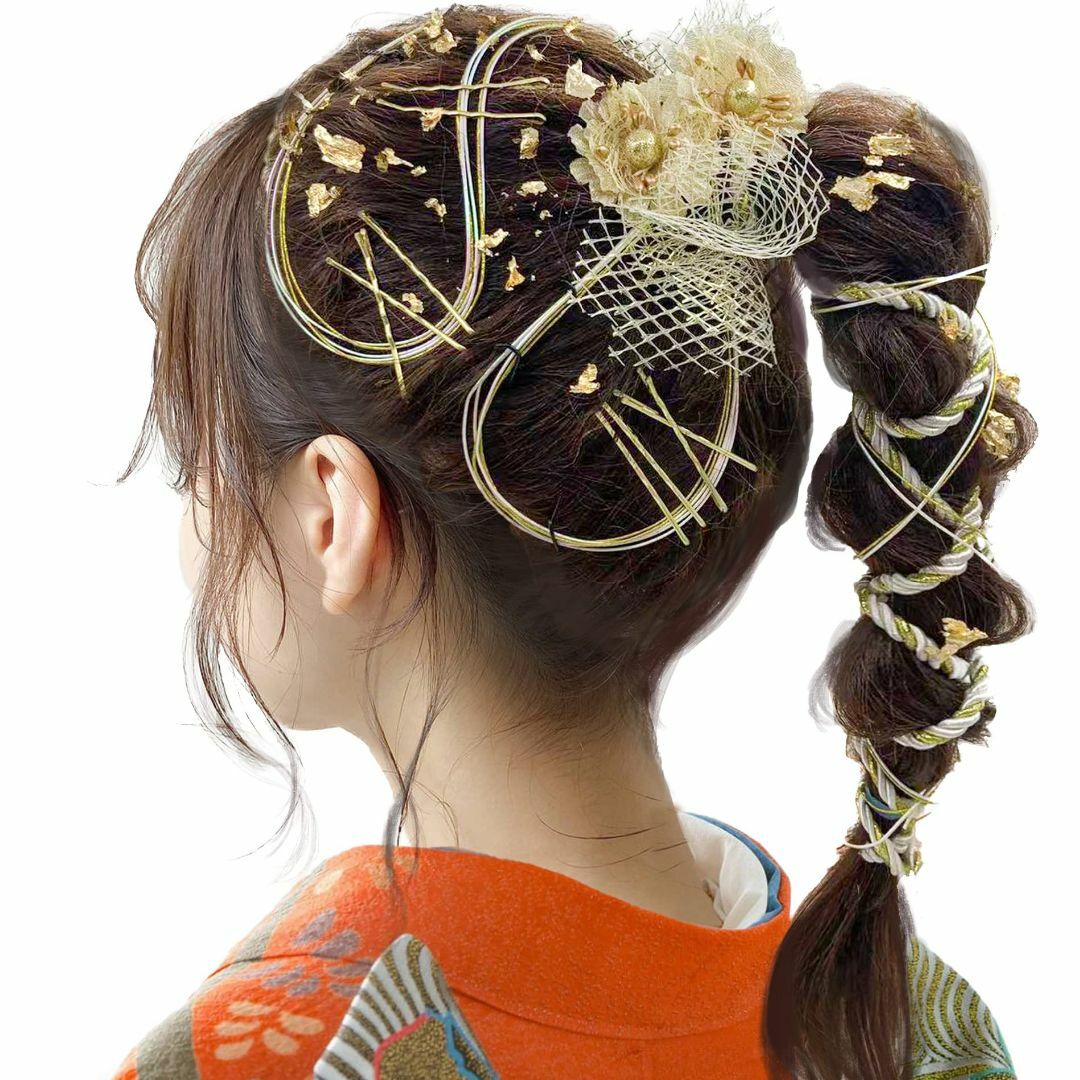 【色: ゴールド】JZOON 髪飾り 成人式 水引 金箔 銀箔 組紐 人気 ロー