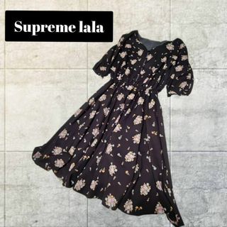 シュープリームララ(Supreme.La.La.)のSupreme lala【M】ひざ丈　ワンピース　総柄　ブラック　a119(ひざ丈ワンピース)