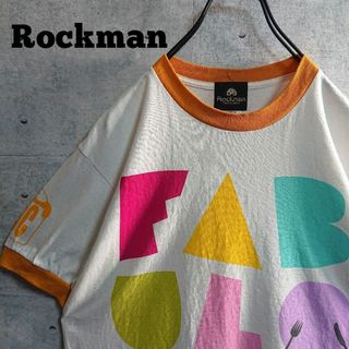 【Rockman】ビッグロゴ プリント リンガー トリム Tシャツ 白 黄 M(Tシャツ/カットソー(半袖/袖なし))