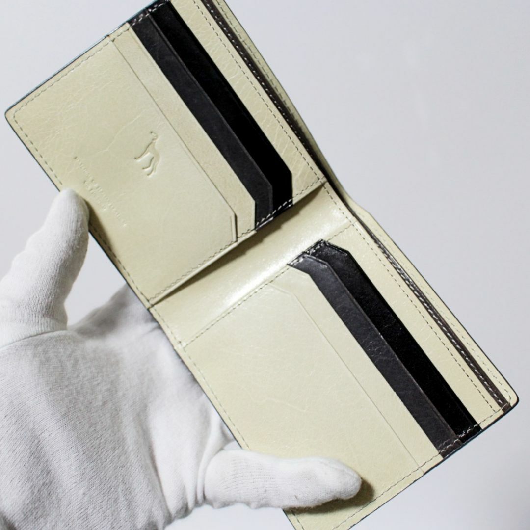 新品 アダバット ステッチデザイン 薄型 トライカラーレザー二つ折財布 黒灰白系 2