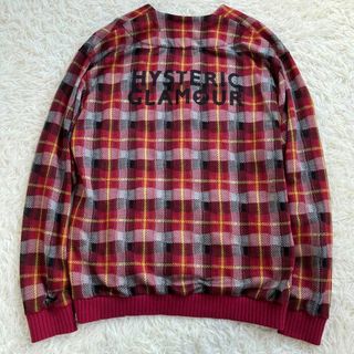 ヒステリックグラマー(HYSTERIC GLAMOUR)の【美品】ヒステリックグラマー　ニット カーディガン　チェック　ロゴ　プリント　赤(カーディガン)