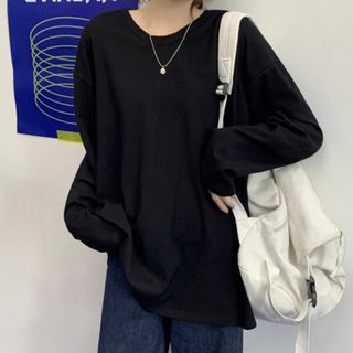 Tシャツ 長袖 ビッグシルエット バック ロゴ プリント ブラック(Tシャツ(長袖/七分))