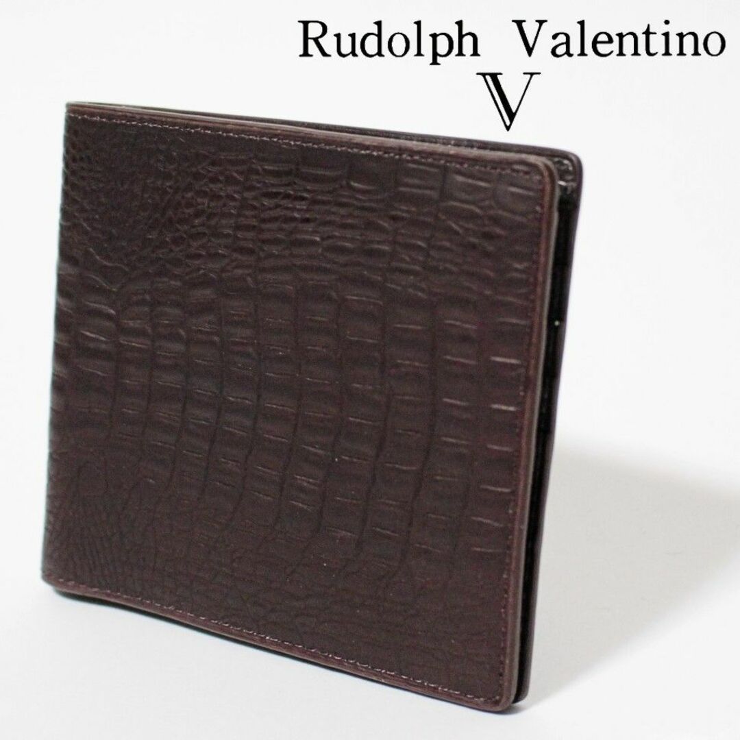 Rudolph Valentino(ルドルフヴァレンチノ)の新品 ルドルフヴァレンチノ 薄型 クロコダイル型押しレザー 二つ折り財布 濃茶 メンズのファッション小物(折り財布)の商品写真