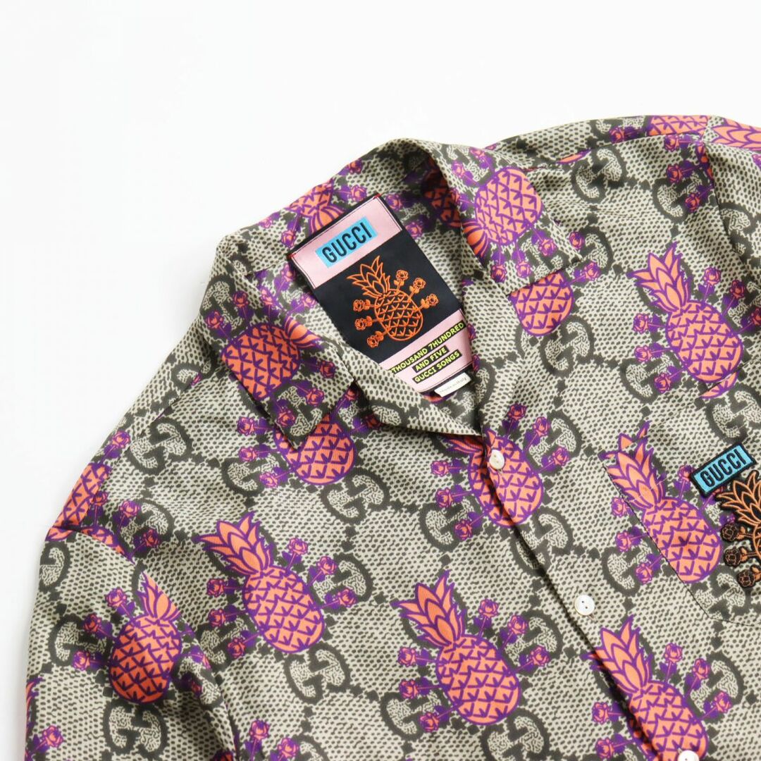 極美品●22SS GUCCI グッチ 669202 パイナップル GG総柄 シルク100% オープンカラー 半袖 ボーリングシャツ カーキ系 48 伊製 正規品