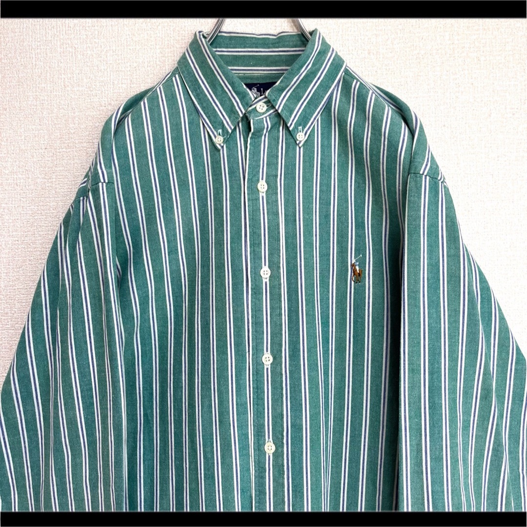 ラルフローレン BDシャツ 長袖 マルチストライプ 緑ポニー刺繍 ゆるだぼ XL