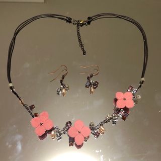 ピンク小花淡水パールネックレス&ピアス585(ネックレス)