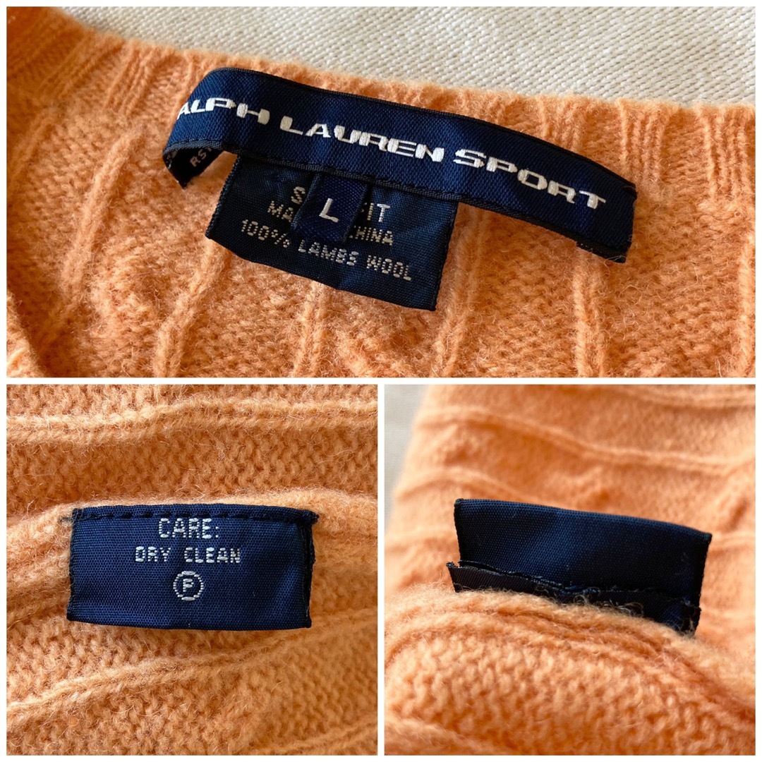 ラルフローレン スポーツ ロゴ刺繍 ウール ケーブルニット L オレンジ