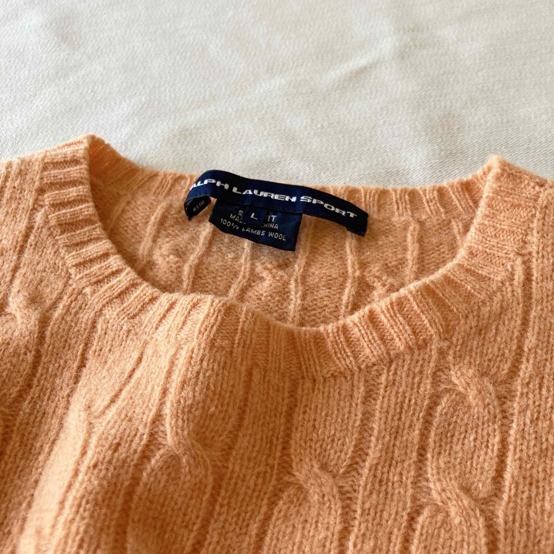 ラルフローレン スポーツ ロゴ刺繍 ウール ケーブルニット L オレンジ