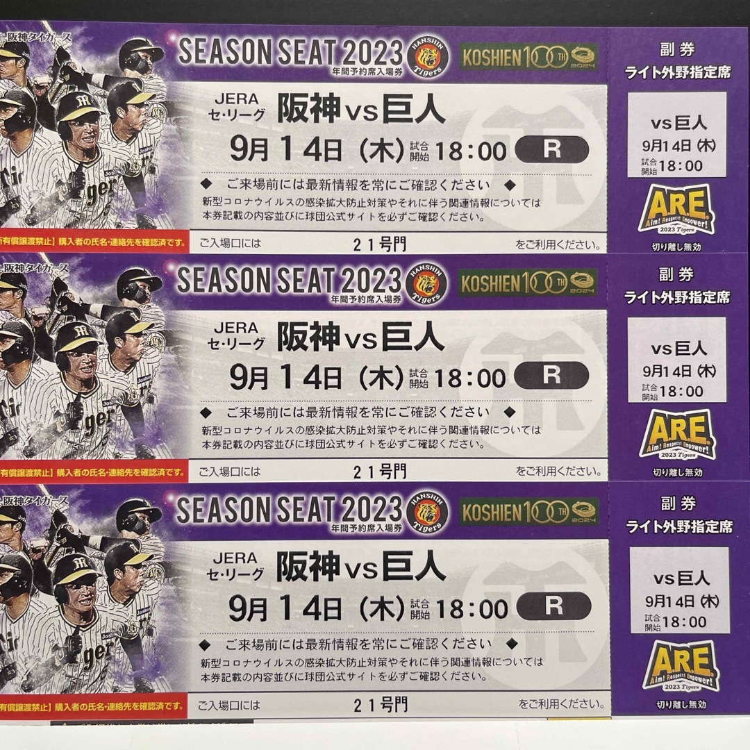 阪神 VS 巨人 9月12日 レフト外野指定席 通路側ペア