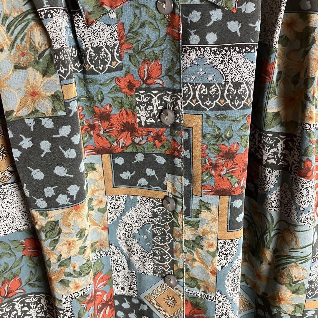 80s ビンテージ 総柄シャツ レトロボタン 花柄 ポリシャツ 青
