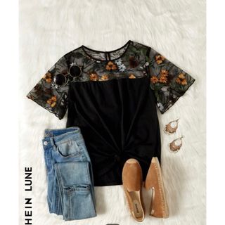 シーイン(SHEIN)のshein シーイン　花柄刺繍メッシュ入りTシャツ(Tシャツ(半袖/袖なし))