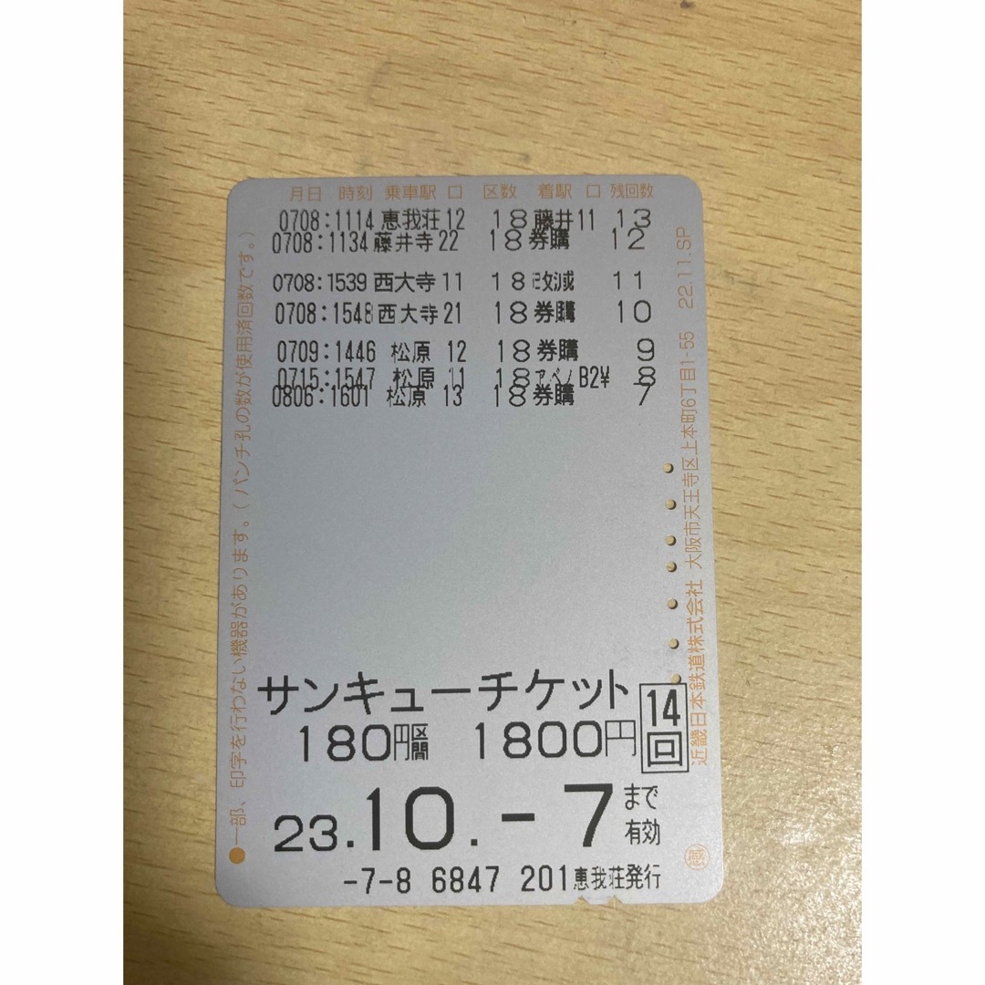 近鉄電車　土日祝回数券　180円区間　残り7回　 チケットの乗車券/交通券(その他)の商品写真