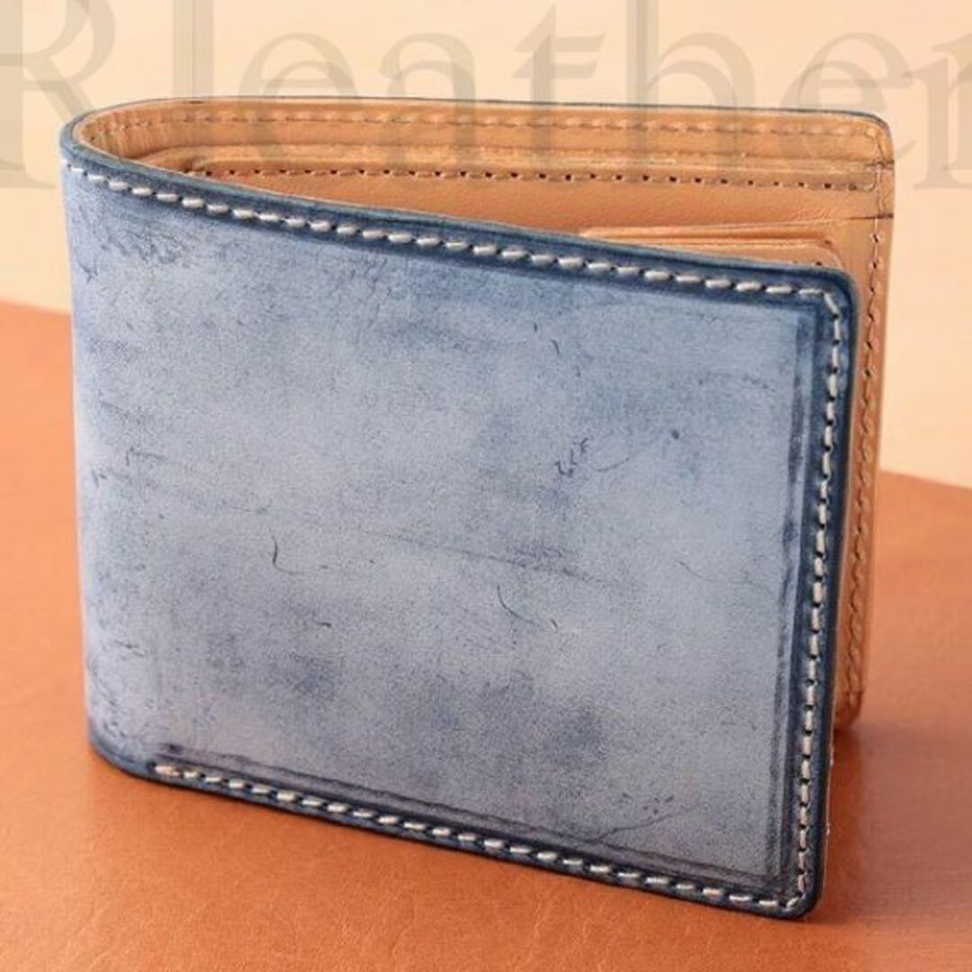 ブライドルレザー メンズ 本革 レザー 財布 二つ折り 青ブルー ＃813