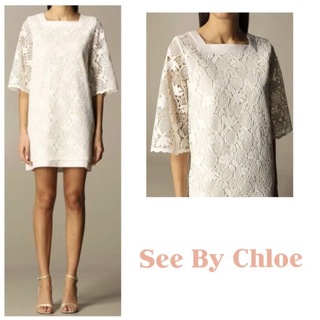 シーバイクロエ(SEE BY CHLOE)のSeebyChloe ワンピース ドレス 刺繍 アイボリー ホワイト 白 34(ひざ丈ワンピース)
