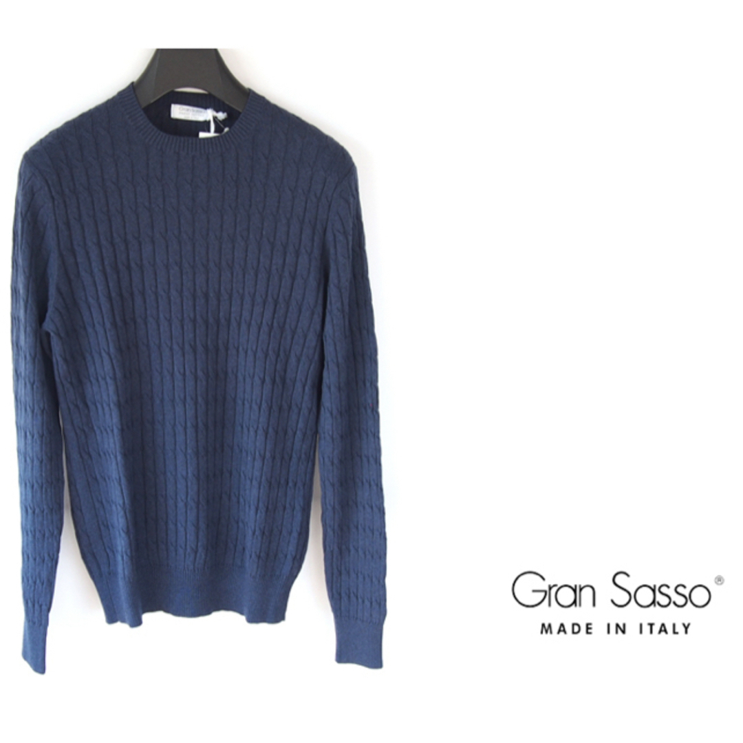 GRAN SASSO(グランサッソ)のグランサッソGran Sassoケーブルクルーネックニット ネイビーとグレージュ メンズのトップス(ニット/セーター)の商品写真