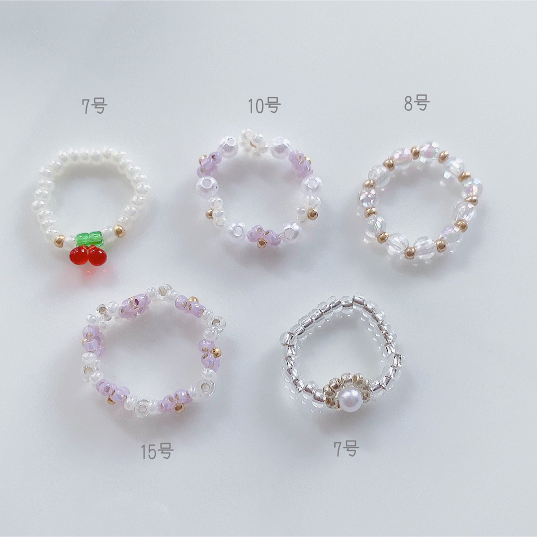 韓国ビーズ♡リング5点set ＼Pearl×Purple／ ハンドメイドのアクセサリー(リング)の商品写真