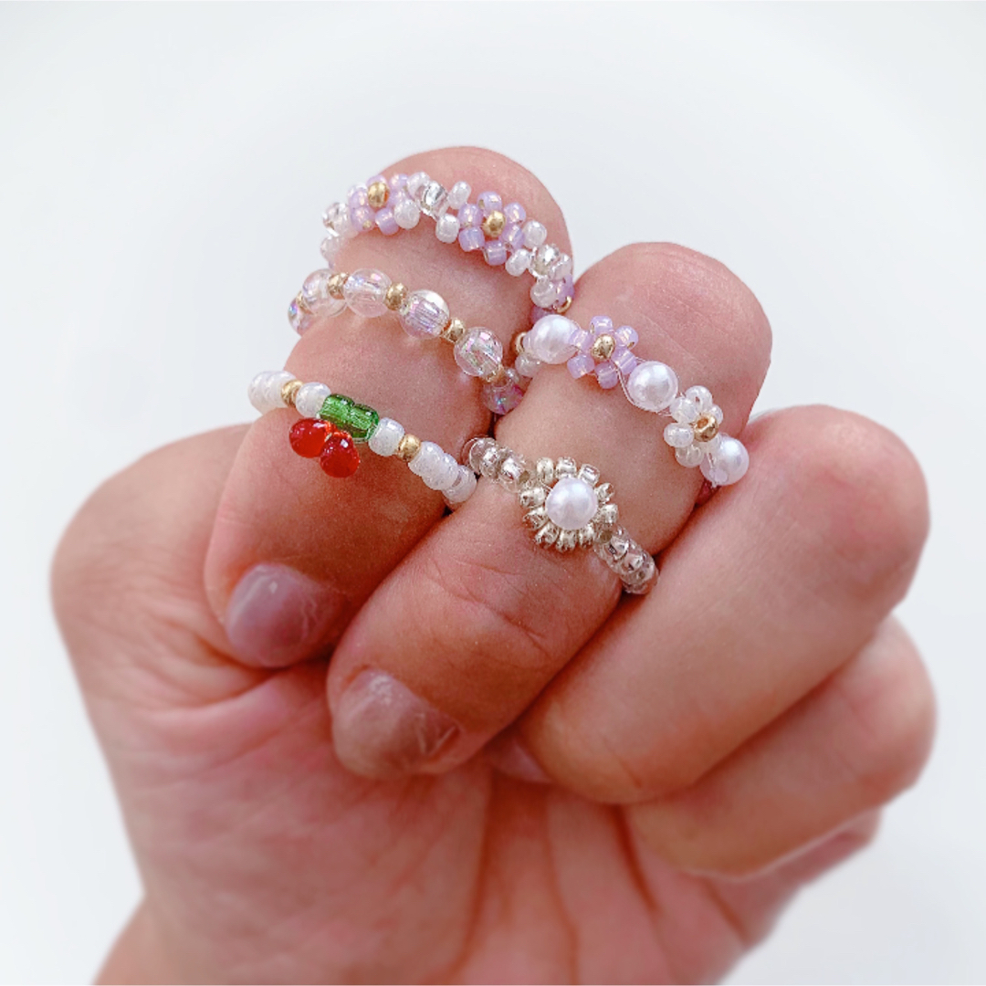 韓国ビーズ♡リング5点set ＼Pearl×Purple／ ハンドメイドのアクセサリー(リング)の商品写真