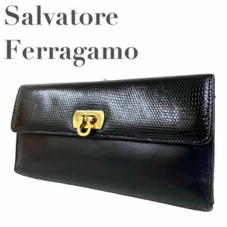 Ferragamo フェラガモ　ヴィンテージ　ヴァラ　リボン　長財布　リザード