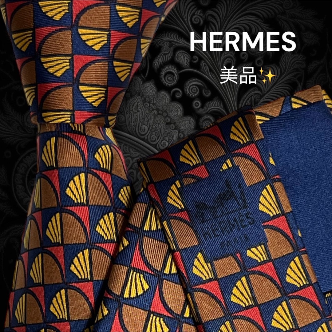✨️美品✨️ HERMES フランス製 扇柄 ネイビー レッド ブラウン