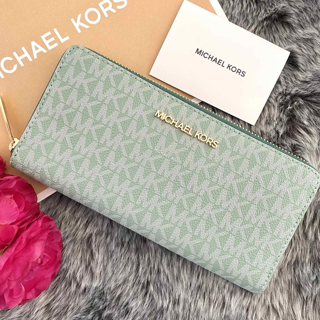 新品☆MICHAEL KORS グリーン シグネチャー レザー 長財布 | フリマアプリ ラクマ