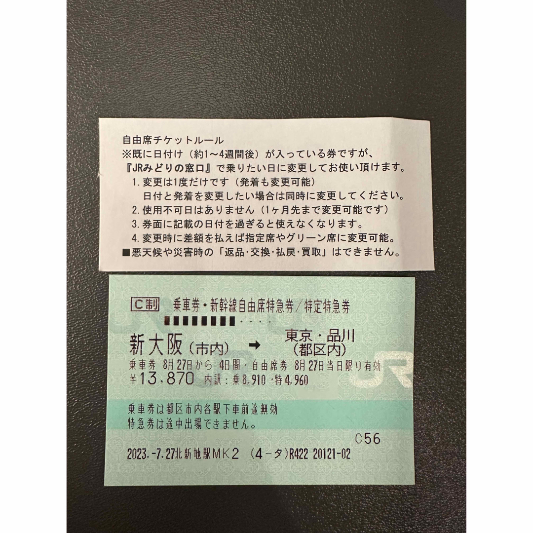 新幹線 チケット 東京・品川→新大阪　 JR乗車券 自由席 特急券